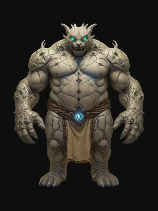 3D model for fantasy monstrous giant, stocky body with one glowing eye, broken armor shaped like a rock and ocelových plátů, detailed face, extremely detailed, high sharp resolution texture, hyperrealistic, epic stance