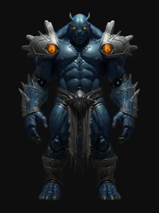 3D model for fantasy monstrous giant, stocky body with one glowing eye, broken armor shaped like a rock and ocelových plátů, detailed face, extremely detailed, high sharp resolution texture, hyperrealistic, epic stance