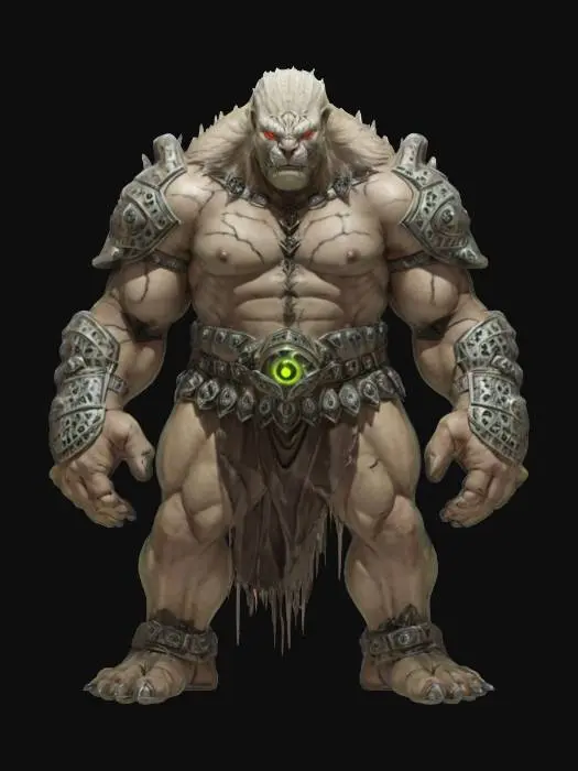 3D model for fantasy monstrous giant, stocky body with one glowing eye, broken armor shaped like a rock and ocelových plátů, detailed face, extremely detailed, high sharp resolution texture, hyperrealistic, epic stance