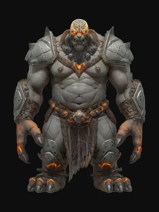 3D model for fantasy monstrous giant, stocky body with one glowing eye, broken armor shaped like a rock and ocelových plátů, detailed face, extremely detailed, high sharp resolution texture, hyperrealistic, epic stance