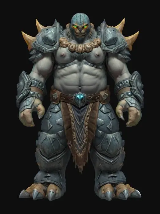 3D model for fantasy monstrous giant, stocky body with one glowing eye, broken armor shaped like a rock and ocelových plátů, detailed face, extremely detailed, high sharp resolution texture, hyperrealistic, epic stance