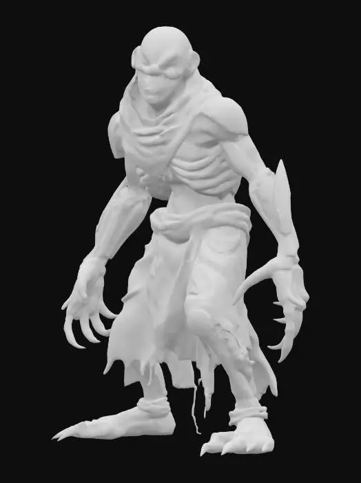 3D model for sci-fi fantasy robotic humanoid creature, damaged and deformed body and humanoid like structure, terrifying expression, clawed limbs, covered in torn clothes, detailed grim robotic face, extremely details, high sharp resolution texture, epic stance