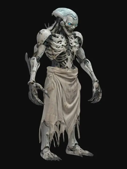 3D model for sci-fi fantasy robotic humanoid creature, damaged and deformed body and humanoid like structure, terrifying expression, clawed limbs, covered in torn clothes, detailed grim robotic face, extremely details, high sharp resolution texture, epic stance