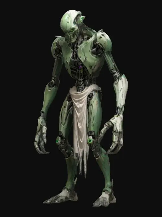 3D model for sci-fi fantasy robotic humanoid creature, damaged and deformed body and humanoid like structure, terrifying expression, clawed limbs, covered in torn clothes, detailed grim robotic face, extremely details, high sharp resolution texture, epic stance