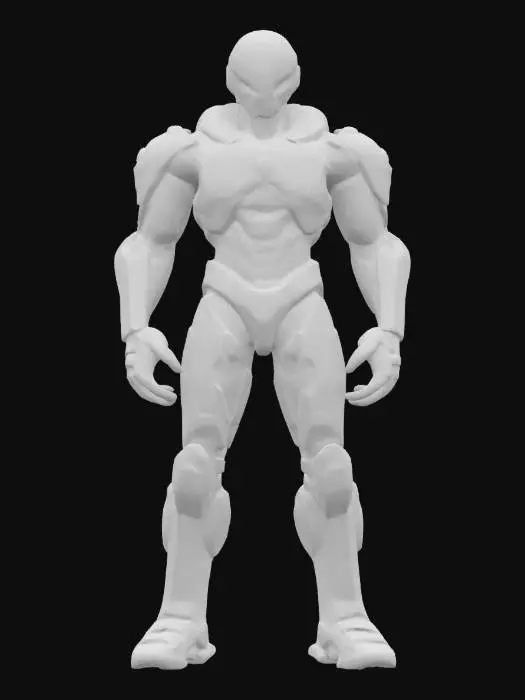 3D model for sci-fi cyborg killer, powerful body half robotic and half bioorganic, robotic parts glowing, body dressed in armor, detailed scary face, extremely detailed, high sharp resolution texture, epic stance