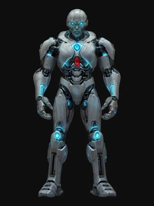 3D model for sci-fi cyborg killer, powerful body half robotic and half bioorganic, robotic parts glowing, body dressed in armor, detailed scary face, extremely detailed, high sharp resolution texture, epic stance