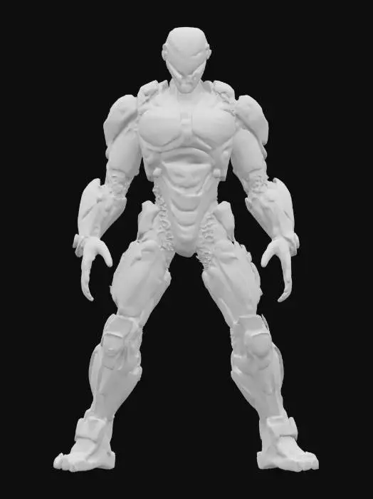 3D model for sci-fi cyborg killer, powerful body half robotic and half bioorganic, robotic parts glowing, body dressed in armor, detailed scary face, extremely detailed, high sharp resolution texture, epic stance