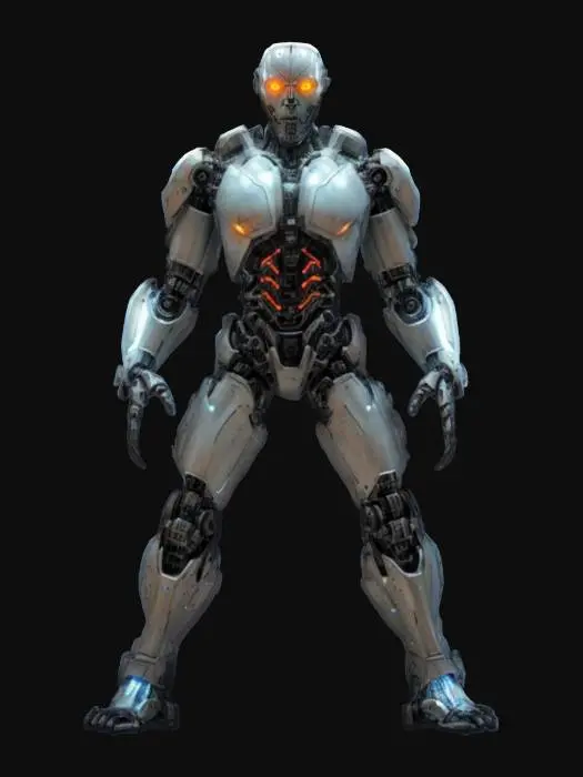 3D model for sci-fi cyborg killer, powerful body half robotic and half bioorganic, robotic parts glowing, body dressed in armor, detailed scary face, extremely detailed, high sharp resolution texture, epic stance