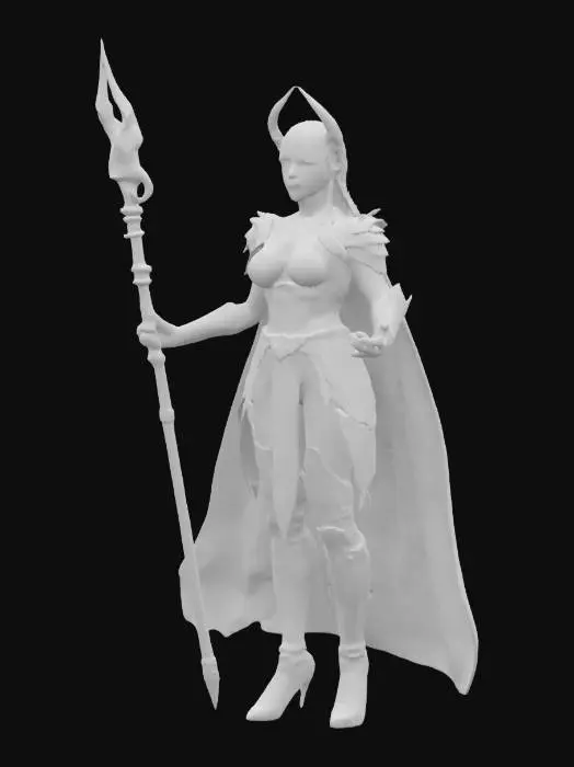 3D model for fantasy exotic beautiful woman warrior, slim elegant body, dressed in basilisk skin, body adorned with distinctive jewelry and gems shining in the light, holding a magical fire staff in her hand, detailed beautiful face, groomed hair, extremely detailed, high sharp resolution texture, epic stance