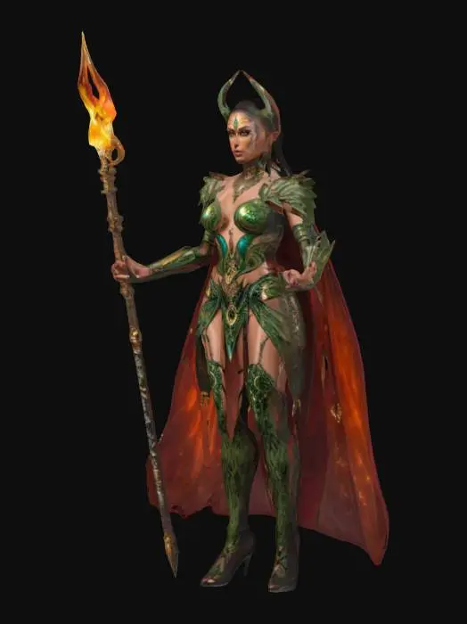 3D model for fantasy exotic beautiful woman warrior, slim elegant body, dressed in basilisk skin, body adorned with distinctive jewelry and gems shining in the light, holding a magical fire staff in her hand, detailed beautiful face, groomed hair, extremely detailed, high sharp resolution texture, epic stance
