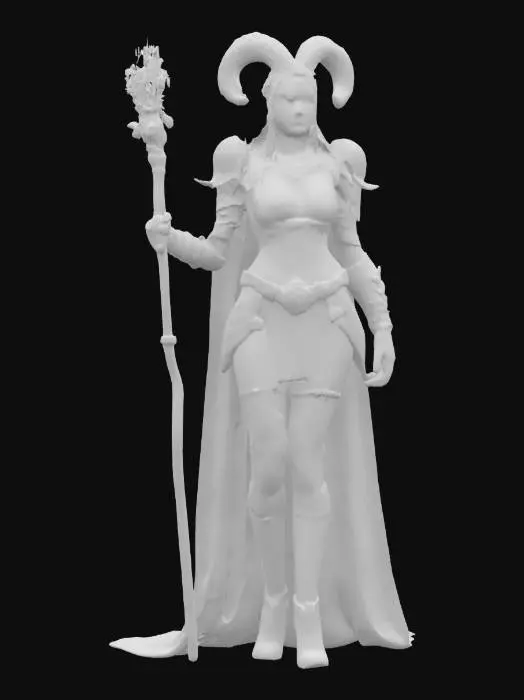 3D model for fantasy exotic beautiful woman warrior, slim elegant body, dressed in basilisk skin, body adorned with distinctive jewelry and gems shining in the light, holding a magical fire staff in her hand, detailed beautiful face, groomed hair, extremely detailed, high sharp resolution texture, epic stance