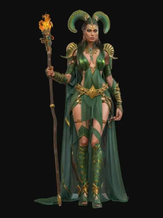 3D model for fantasy exotic beautiful woman warrior, slim elegant body, dressed in basilisk skin, body adorned with distinctive jewelry and gems shining in the light, holding a magical fire staff in her hand, detailed beautiful face, groomed hair, extremely detailed, high sharp resolution texture, epic stance