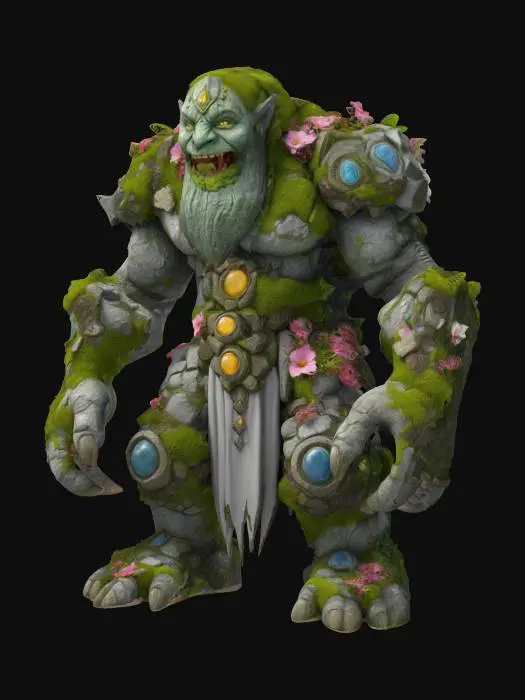 3D model for fantasy stone golem elemental, massive body covered in moss and flowers, extremely hyperrealistic, massive paws, extremely detailed face, mage symbols scattered throughout the body, various stones throughout the body but only here and there, extremely detailed, hig sharp resolution texture, epic stance