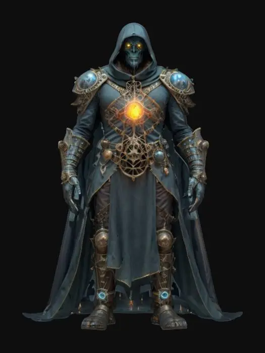 3D model for fantasy steampunk space pirate wizard-monster, massive ghostly body, body covered in cloak and armor, energy sources glowing all over the body, detailed and mysterious face, extremely detailed, highly sharp and detailed texture, hyperrealistic, epic stance