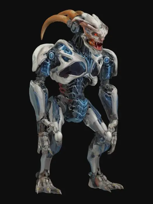 3D model for technological humanoid chimera, extremely scary disparate body shapes, extremely detailed, hyperrealistic texture, epic stance