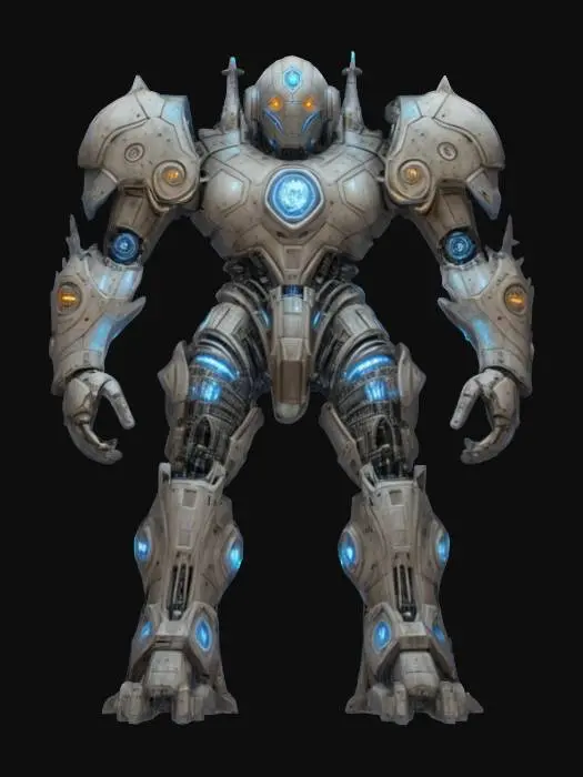 3D model for sci-fi cyber robotic golem in romanesque architecture, massive body like walls, extremely detailed, hyperrealistic texture, epic stance, #arch#