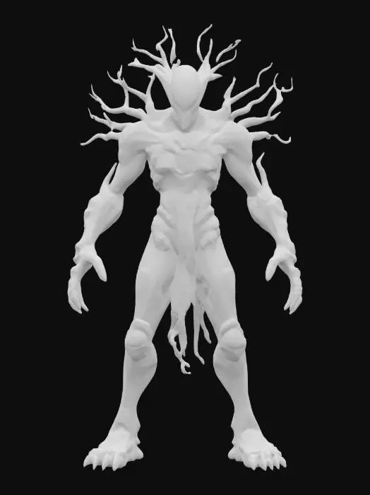 3D model for sci-fi humanoid tree robotic warrior, tree-like body with glowing energy source in body, body covered with glowing electronics, forelimbs extended forward with long claws, terrifying stance, extremely detailed, high sharp resolution texture, epic stance