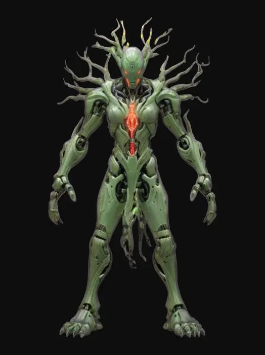 3D model for sci-fi humanoid tree robotic warrior, tree-like body with glowing energy source in body, body covered with glowing electronics, forelimbs extended forward with long claws, terrifying stance, extremely detailed, high sharp resolution texture, epic stance