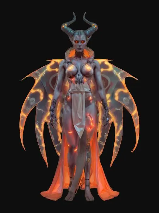 3D model for sci-fi biopunk female demon, elegant body with glowing energy, body dressed in elegant robe, detailed handsome face, extremely detailed, hyperrealistic texture, epic stance