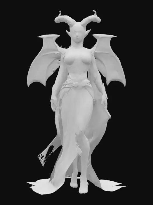 3D model for sci-fi biopunk female demon, elegant body with glowing energy, body dressed in elegant robe, detailed handsome face, extremely detailed, hyperrealistic texture, epic stance