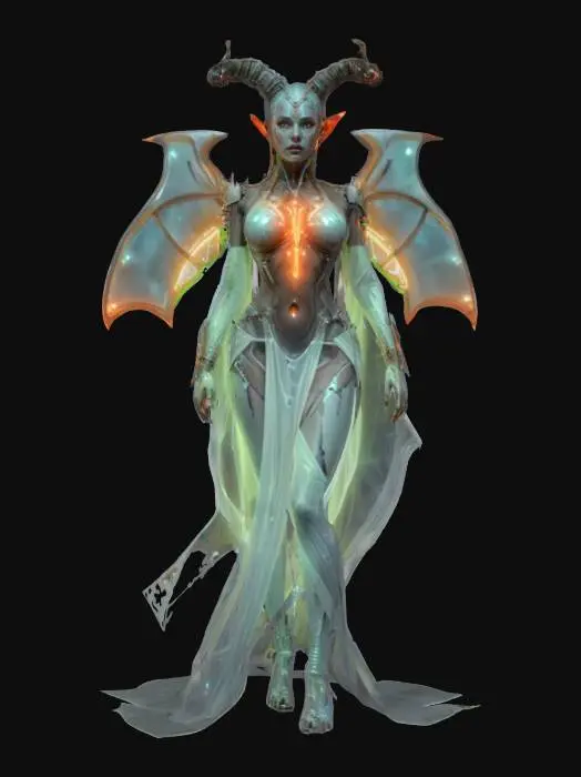 3D model for sci-fi biopunk female demon, elegant body with glowing energy, body dressed in elegant robe, detailed handsome face, extremely detailed, hyperrealistic texture, epic stance