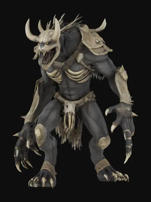 3D model for feral beast warrior with bone armor and claws, hyperrealistic