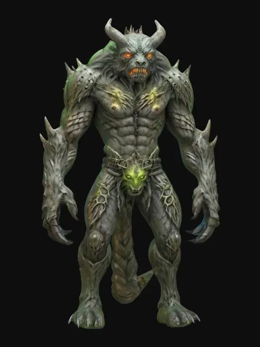 3D model for fantasy ancient forest beast with bark armor and glowing eyes, extremely detailed, hyperrealistic texture, epic stance