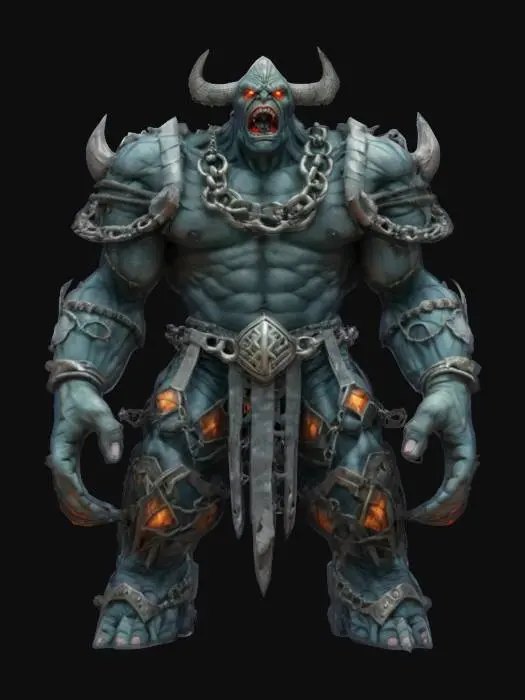 3D model for fantasy cursed rage colossus with broken chains and runed stones, extremely detailed, hyperrealistic texture, epic stance