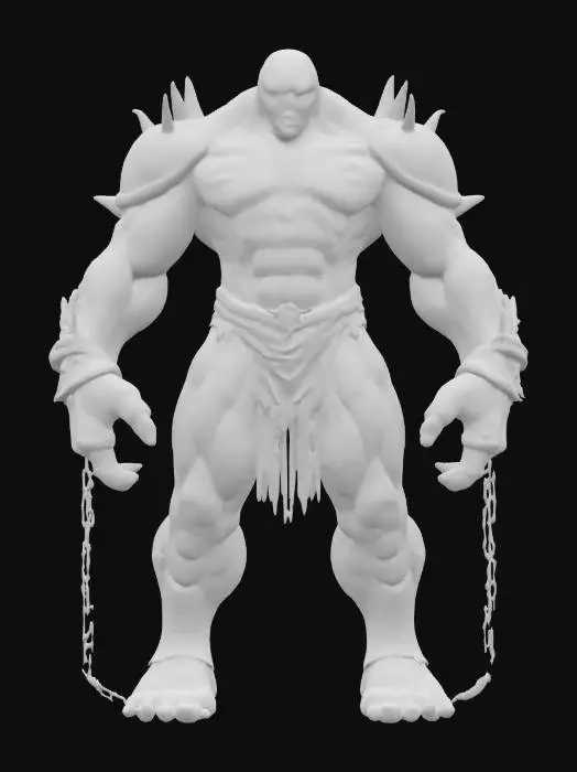 3D model for fantasy cursed rage colossus with broken chains and runed stones, extremely detailed, hyperrealistic texture, epic stance