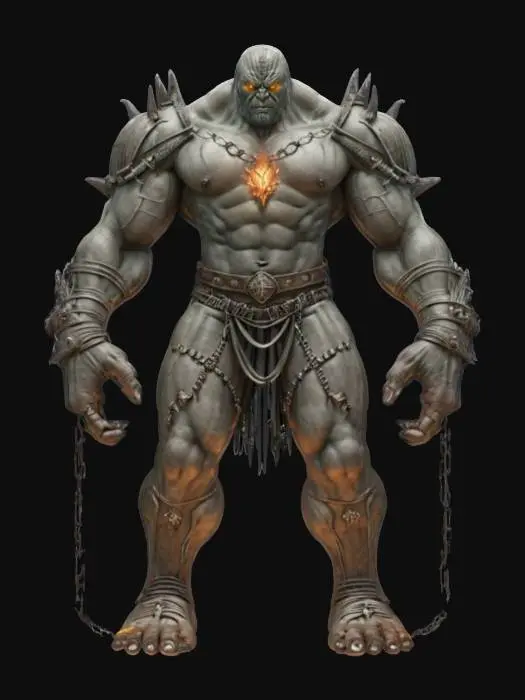 3D model for fantasy cursed rage colossus with broken chains and runed stones, extremely detailed, hyperrealistic texture, epic stance