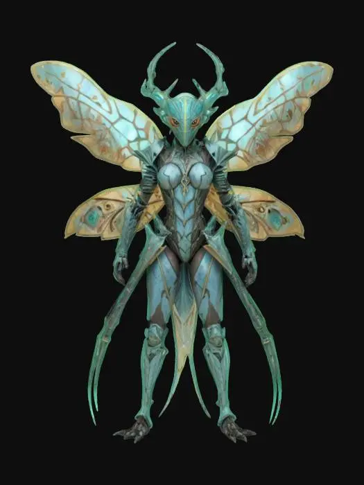 3D model for fanstasy insectoid queen with chitin armor and blade limbs, extremely detailed, hyperrealistic texture, epic stance