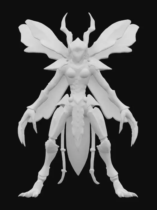 3D model for fanstasy insectoid queen with chitin armor and blade limbs, extremely detailed, hyperrealistic texture, epic stance
