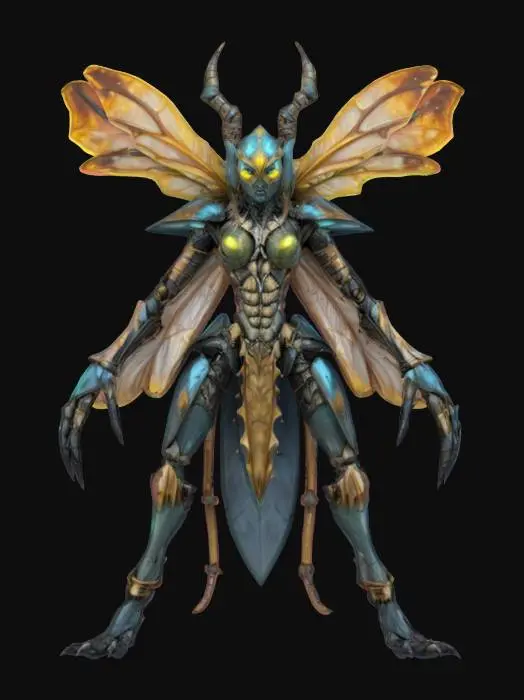 3D model for fanstasy insectoid queen with chitin armor and blade limbs, extremely detailed, hyperrealistic texture, epic stance
