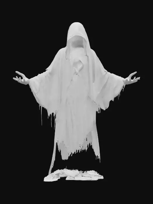 3D model for fantasy shadow wraith cloaked in darkness and whispering souls, extremely detailed, hyperrealistic texture, epic stance