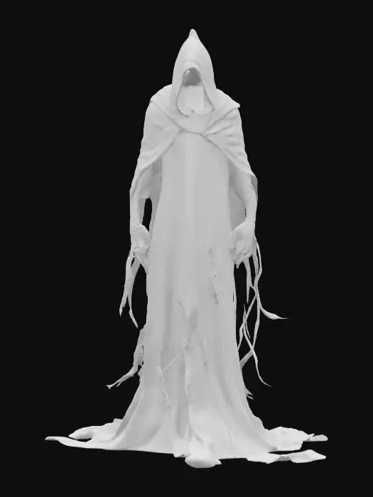 3D model for fantasy shadow wraith cloaked in darkness and whispering souls, extremely detailed, hyperrealistic texture, epic stance