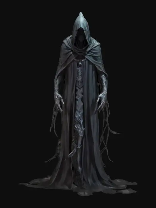 3D model for fantasy shadow wraith cloaked in darkness and whispering souls, extremely detailed, hyperrealistic texture, epic stance