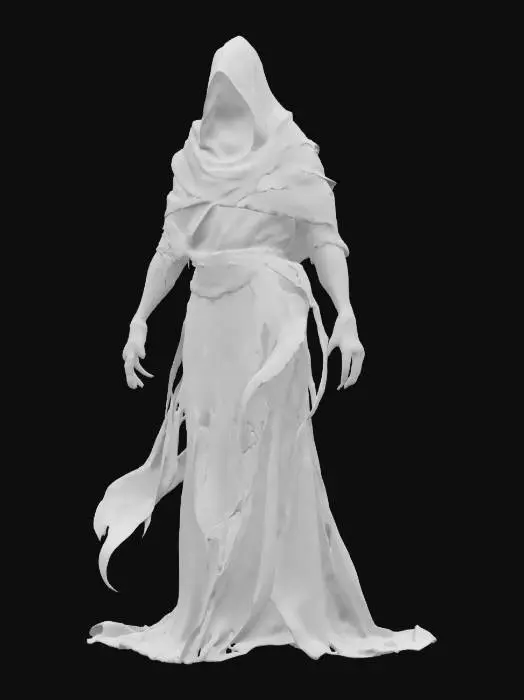 3D model for fantasy shadow wraith cloaked in darkness and whispering souls, extremely detailed, hyperrealistic texture, epic stance