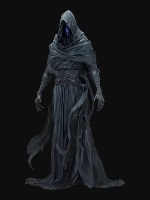 3D model for fantasy shadow wraith cloaked in darkness and whispering souls, extremely detailed, hyperrealistic texture, epic stance