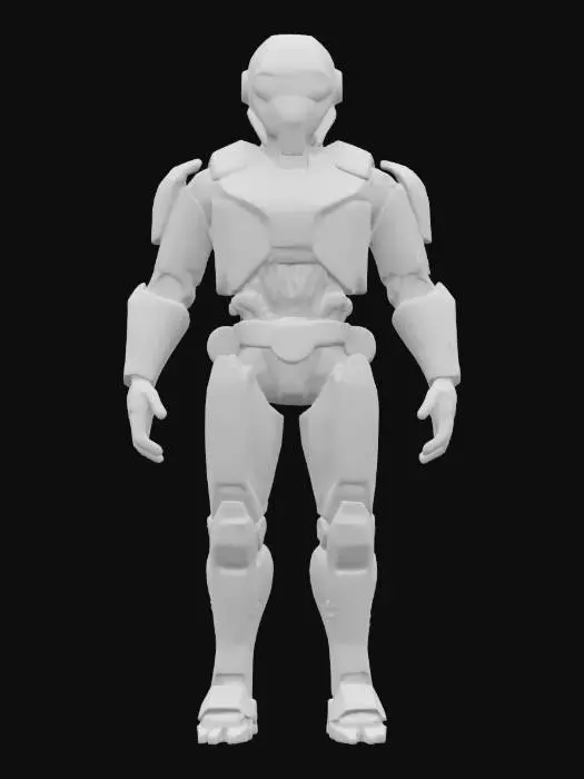 3D model for humanoid reconnaissance robot with sleek segmented armor, smooth helmet with glowing eyes, standing in neutral pose, sci-fi explorer style, slightly worn metal surface, extremely detailed, hyperrealistic, epis stance