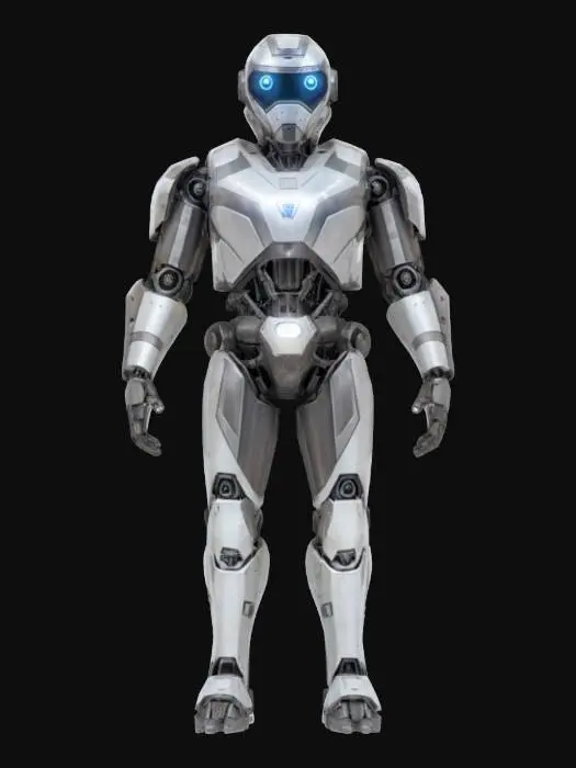 3D model for humanoid reconnaissance robot with sleek segmented armor, smooth helmet with glowing eyes, standing in neutral pose, sci-fi explorer style, slightly worn metal surface, extremely detailed, hyperrealistic, epis stance