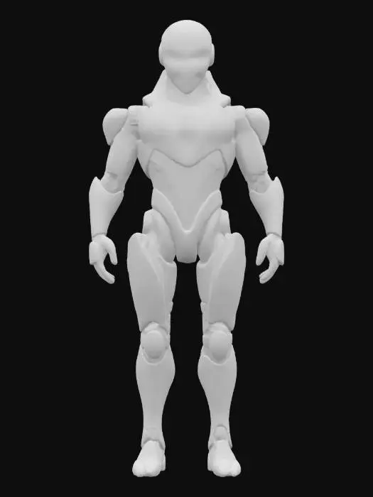 3D model for humanoid reconnaissance robot with sleek segmented armor, smooth helmet with glowing eyes, standing in neutral pose, sci-fi explorer style, slightly worn metal surface, extremely detailed, hyperrealistic, epis stance