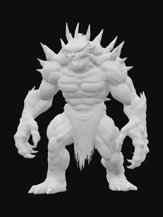 3D model for fantasy rock monster from the depths, massive humanoid body, fighting protrusions on the body, menacing detailed face with massive fangs, long arms ending in claws, extremely detailed, hyperrealistic texture, epic stance