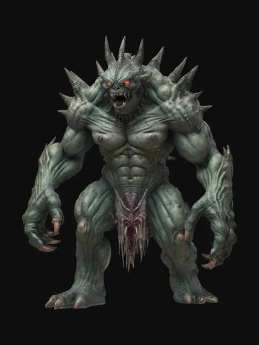 3D model for fantasy rock monster from the depths, massive humanoid body, fighting protrusions on the body, menacing detailed face with massive fangs, long arms ending in claws, extremely detailed, hyperrealistic texture, epic stance