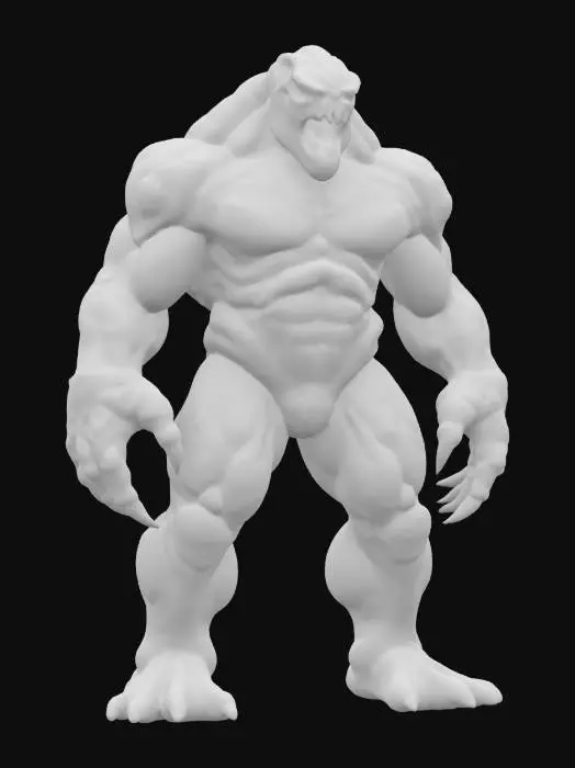 3D model for fantasy rock monster from the depths, massive humanoid body, fighting protrusions on the body, menacing detailed face with massive fangs, long arms ending in claws, extremely detailed, hyperrealistic texture, epic stance