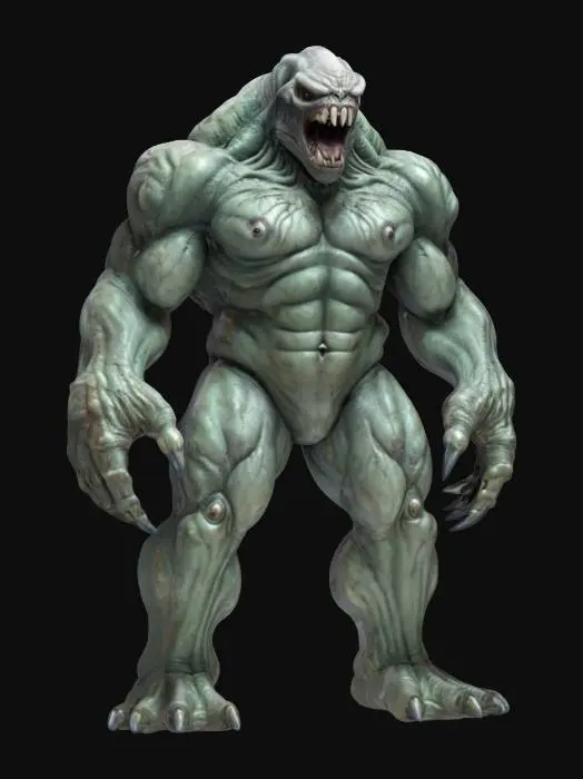 3D model for fantasy rock monster from the depths, massive humanoid body, fighting protrusions on the body, menacing detailed face with massive fangs, long arms ending in claws, extremely detailed, hyperrealistic texture, epic stance