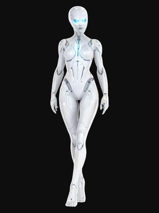 3D model for sci-fi entity from the distant future, humanoid-looking nanofield body floating above the ground, glossy body surface almost mirror-like in places, graceful rounded aerodynamic shapes, extremely detailed, hyperrealistic texture, epic stance