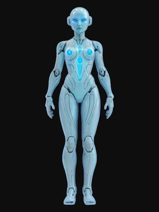 3D model for sci-fi entity from the distant future, humanoid-looking nanofield body floating above the ground, glossy body surface almost mirror-like in places, graceful rounded aerodynamic shapes, extremely detailed, hyperrealistic texture, epic stance
