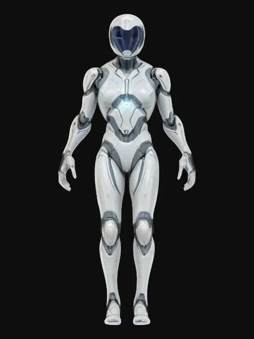 3D model for sci-fi entity from the distant future, humanoid-looking nanofield body floating above the ground, glossy body surface almost mirror-like in places, graceful rounded aerodynamic shapes, extremely detailed, hyperrealistic texture, epic stance