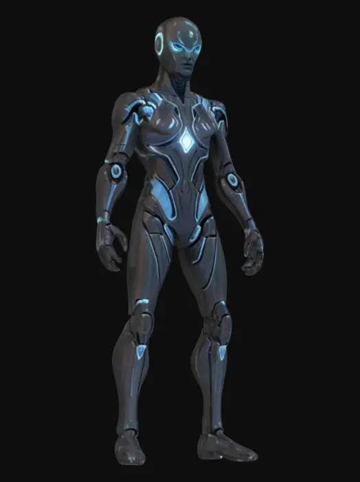 3D model for sci-fi entity from the distant future, humanoid-looking nanofield body floating above the ground, glossy body surface almost mirror-like in places, graceful rounded aerodynamic shapes, extremely detailed, hyperrealistic texture, epic stance
