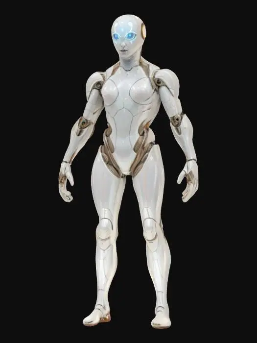 3D model for sci-fi entity from the distant future, humanoid-looking nanofield body floating above the ground, glossy body surface almost mirror-like in places, graceful rounded aerodynamic shapes, extremely detailed, hyperrealistic texture, epic stance